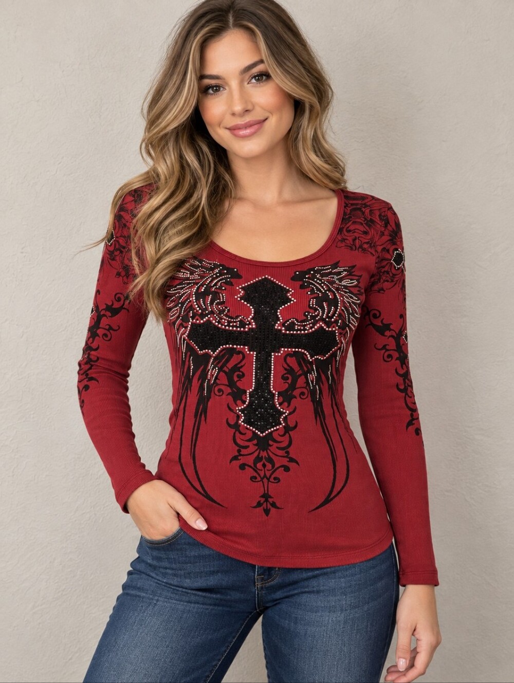 VOCAL Y2k Red Long-Sleeve Cross Graphic Grunge Top